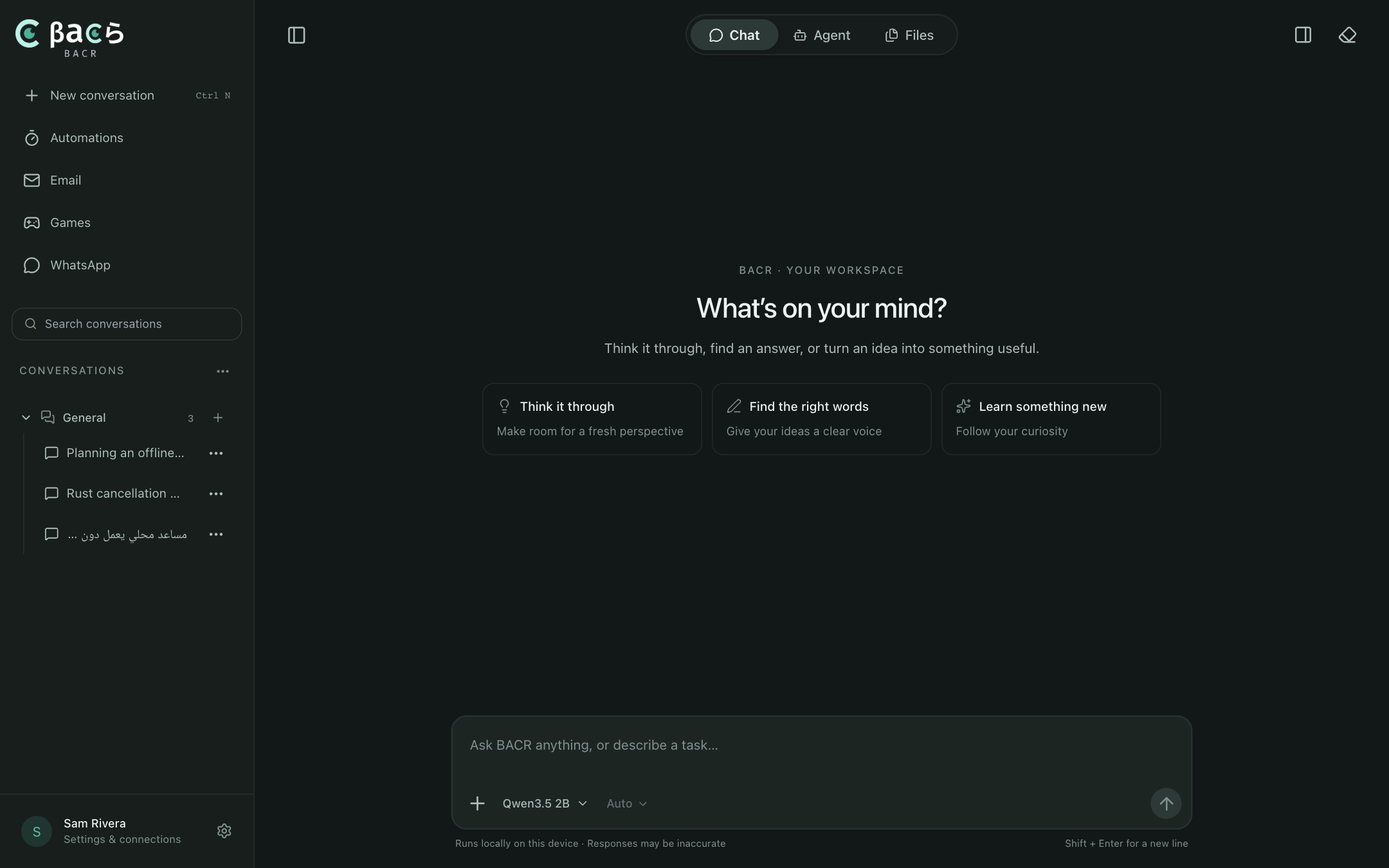 Chat: Think, write, and ask questions with the model you choose, including a private model that runs on your computer.