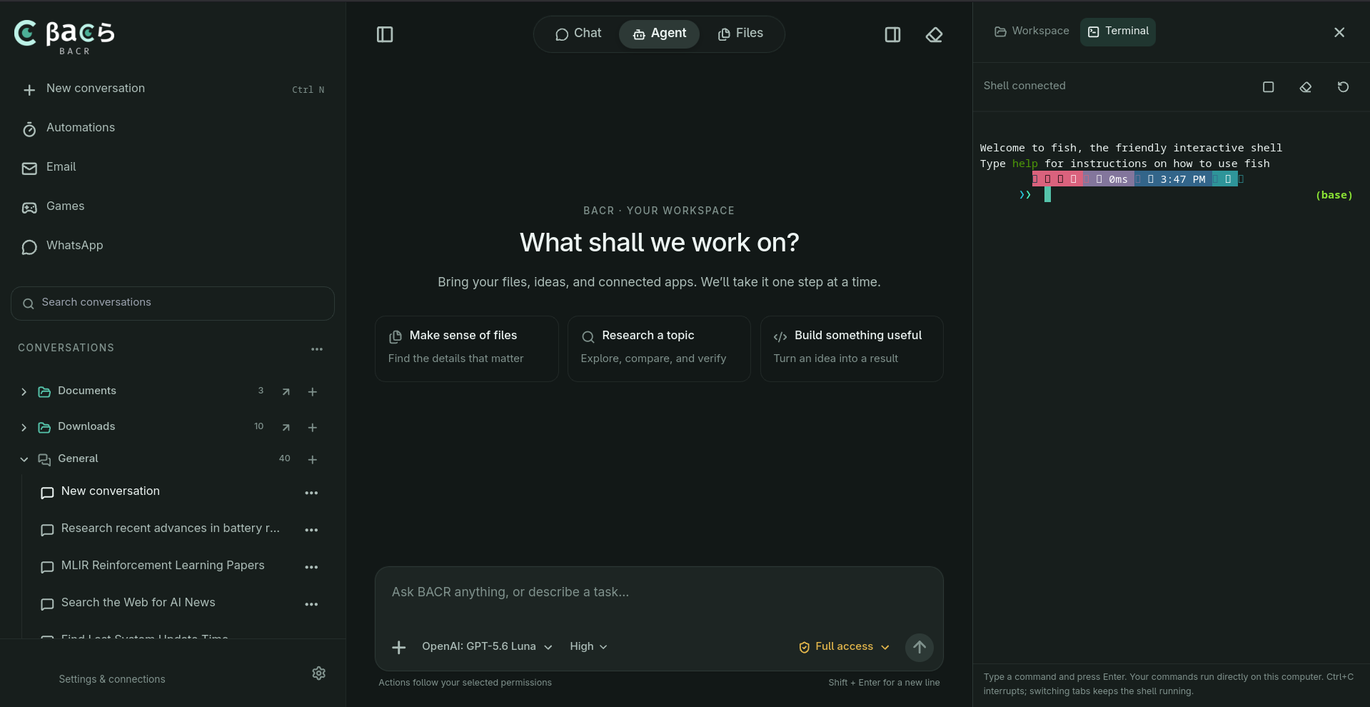BACR desktop Agent workspace with a connected terminal and account and shell usernames hidden